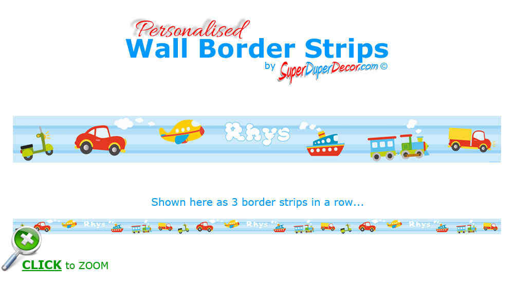 Cute Vehicles Blue Stripes bedroom wall border SuperDuperDecor®