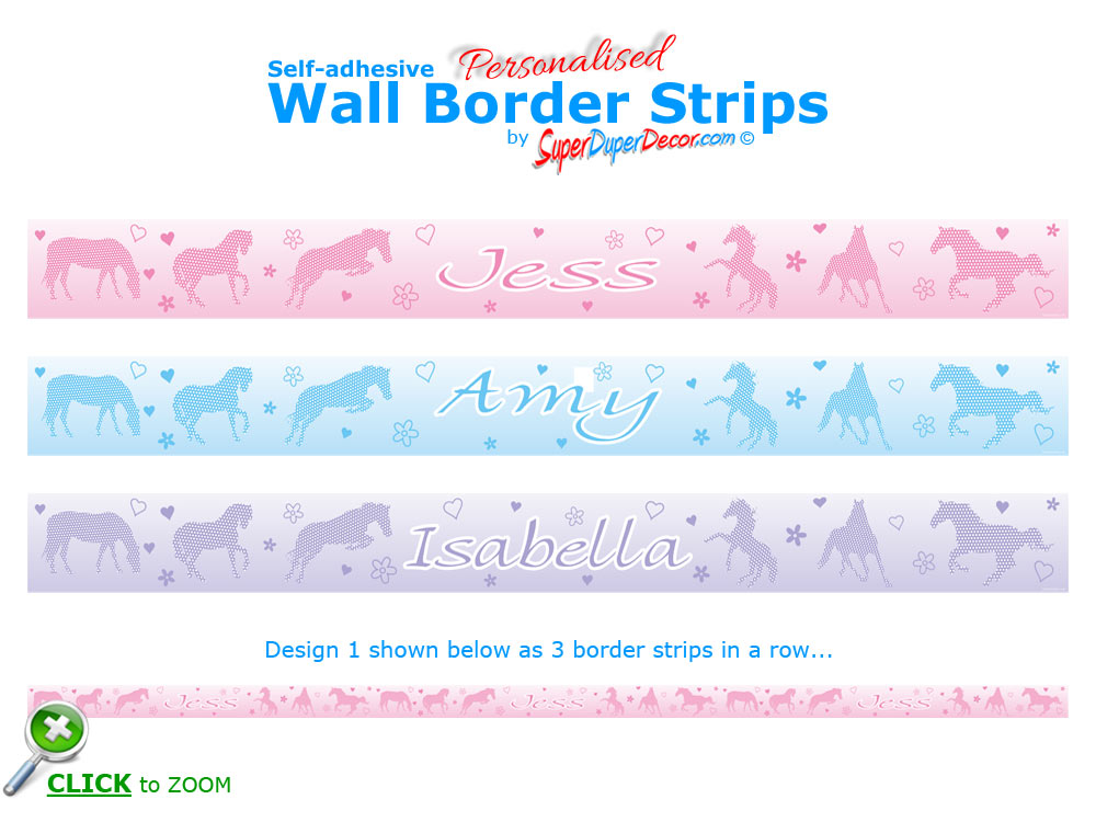 DOTTY ABOUT HORSES personalised, self adhesive, bedroom wall border strips