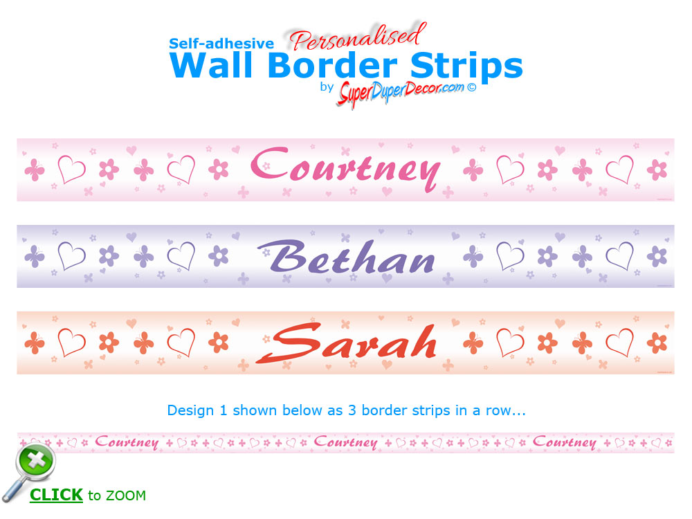HEARTS, FLOWERS AND BUTTERFLIES SHAPES personalised bedroom wall border
