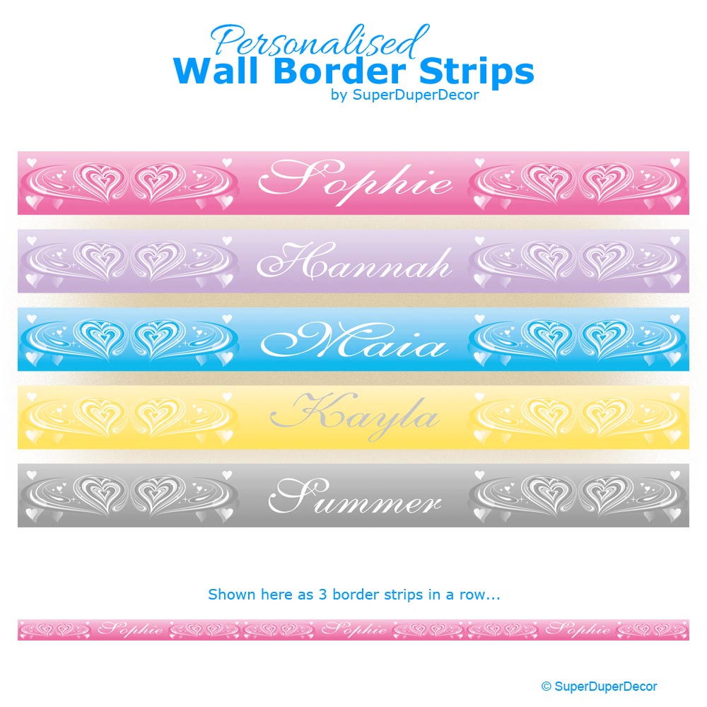 WAVY HEARTS personalised bedroom wall border strips